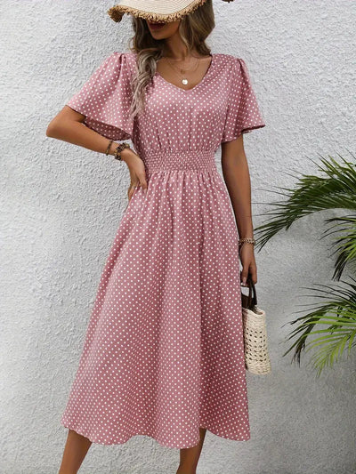 Carolina - vestido casual de manga corta con elegante estampado integral y cintura redondeada