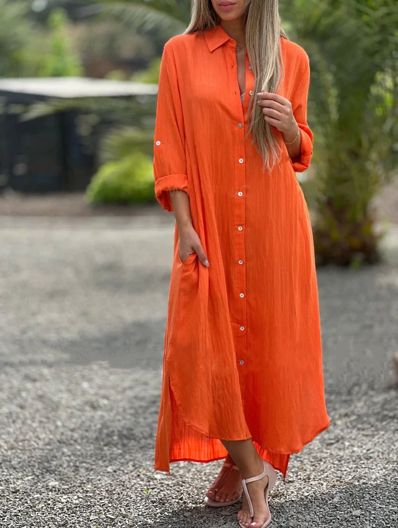 Frida - Vestido camisero femenino en color sólido con botones frontales, ideal para un look casual y chic