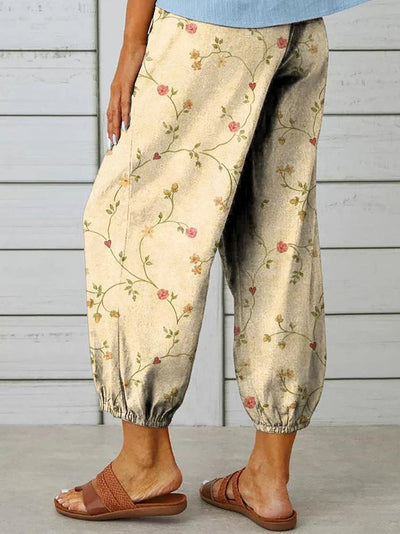 Pantalones Casual de Mujer Amalie con Encantador Estampado Floral Retro en Algodón