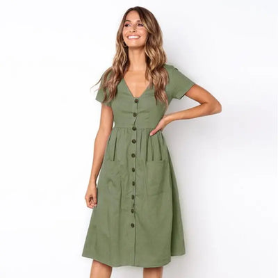 Jessica - Elegante vestido recto con cuello doblado y exclusiva botonadura