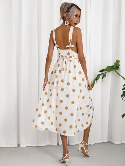 Vestido Sara con Elegante Escote Profundo y Espalda al Descubierto con Brillantes Puntos Dorados