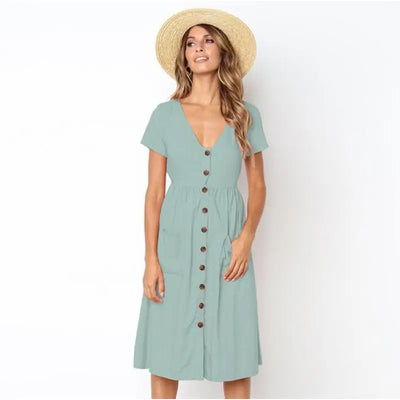 Jessica - Elegante vestido recto con cuello doblado y exclusiva botonadura
