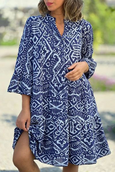 Eliana - Vestido Casual con Botones de Estampado Geométrico y Cuello en V, Estilo Falda de Torta