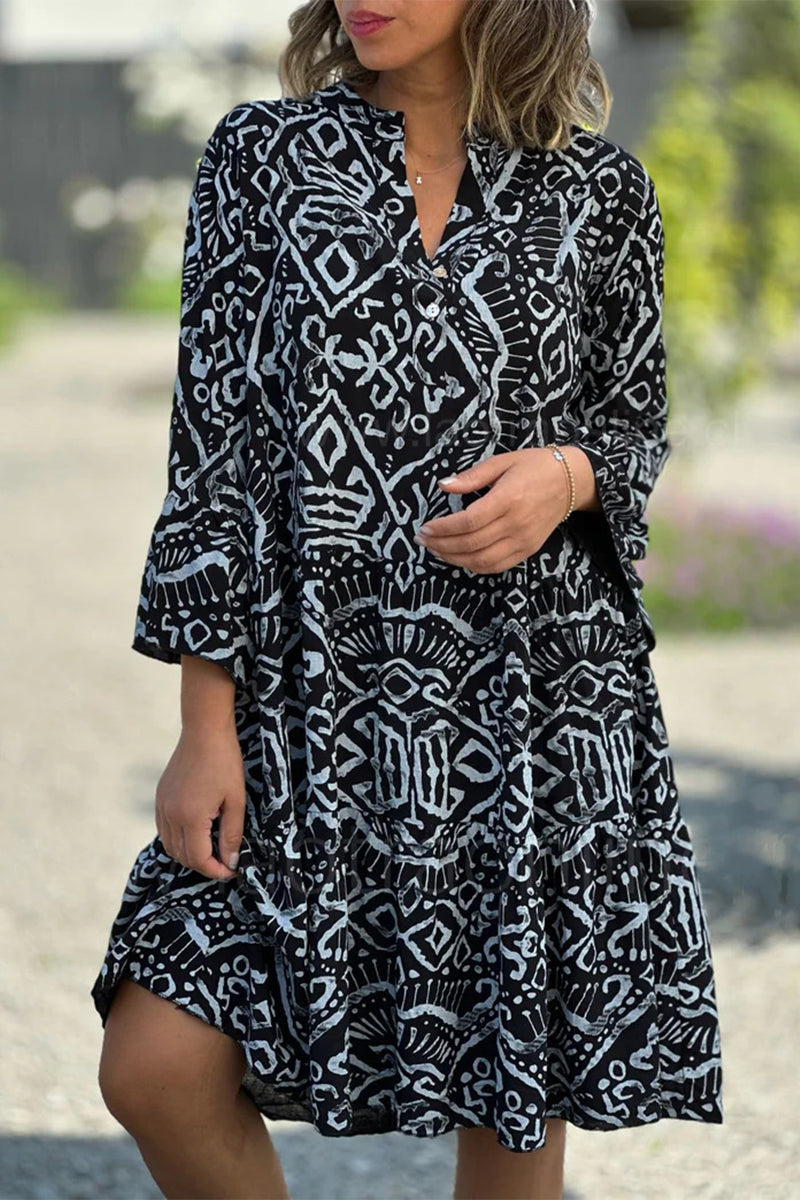 Eliana - Vestido Casual con Botones de Estampado Geométrico y Cuello en V, Estilo Falda de Torta