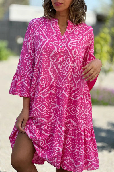 Eliana - Vestido Casual con Botones de Estampado Geométrico y Cuello en V, Estilo Falda de Torta