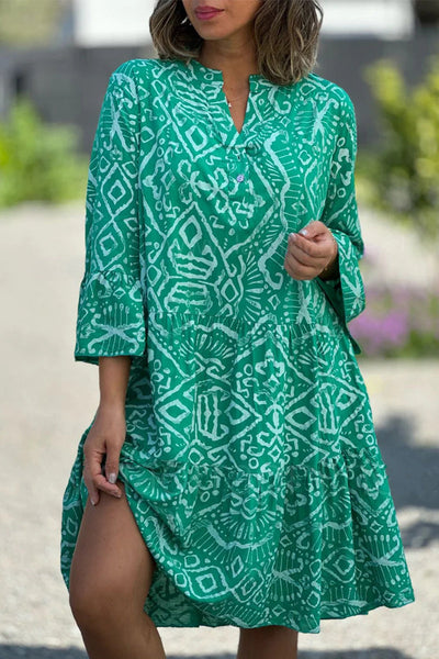 Eliana - Vestido Casual con Botones de Estampado Geométrico y Cuello en V, Estilo Falda de Torta