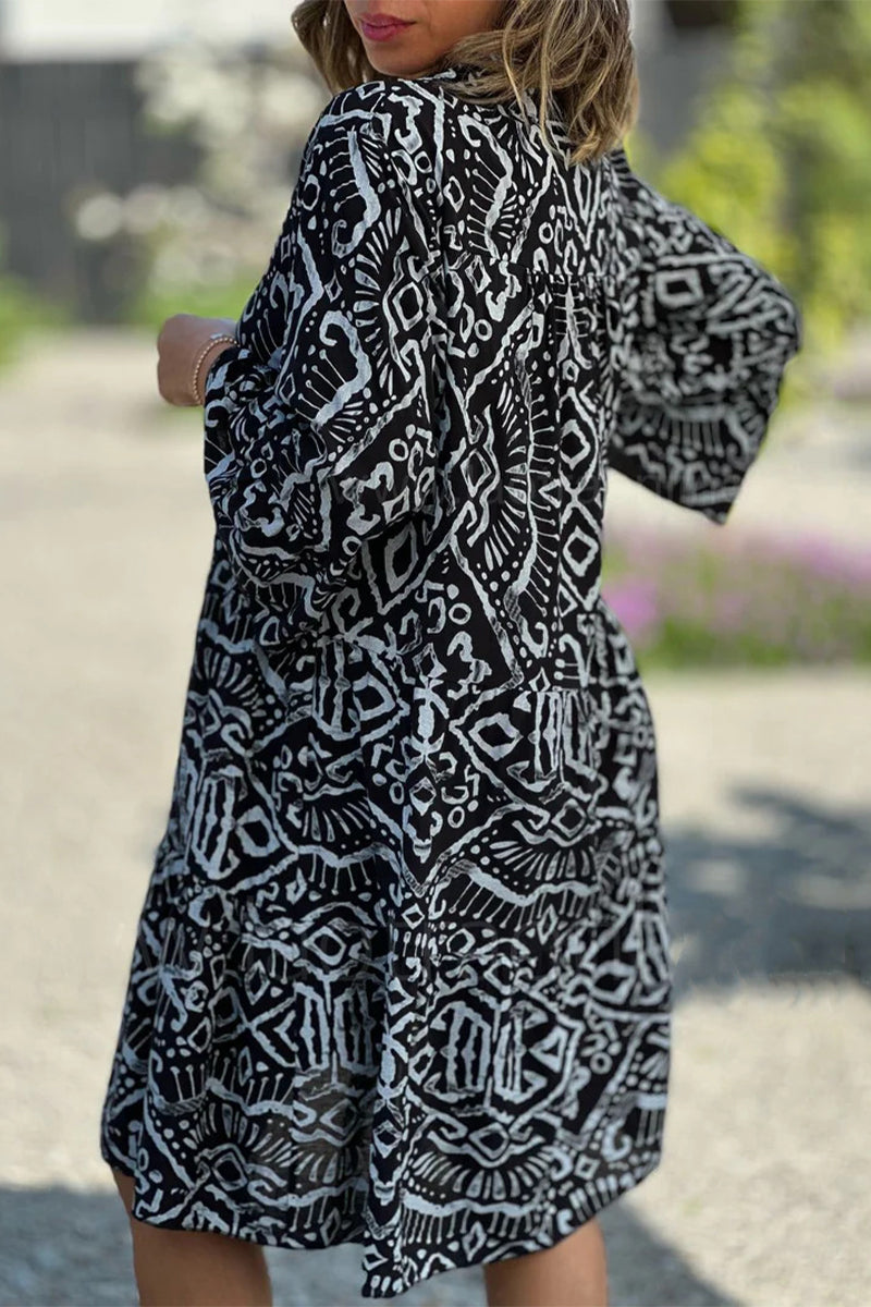 Eliana - Vestido Casual con Botones de Estampado Geométrico y Cuello en V, Estilo Falda de Torta