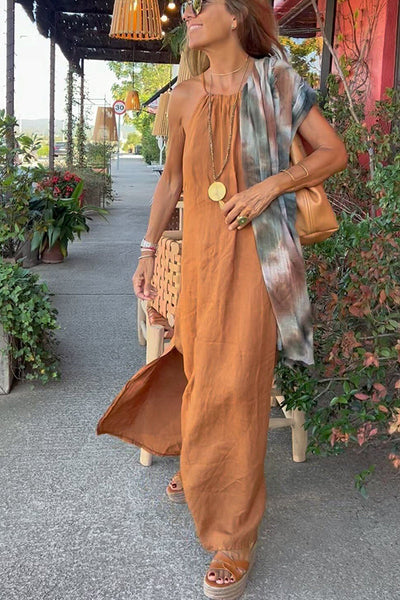 Elegante vestido largo con cuello halter en suave mezcla de lino de Down By The Cove
