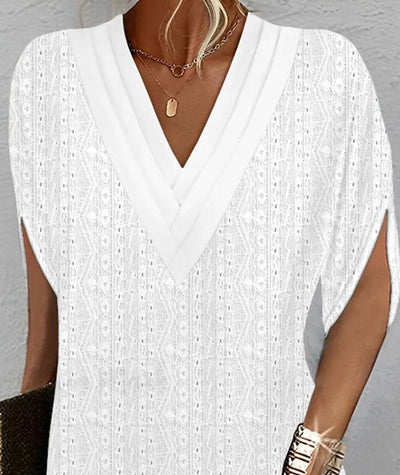 Berta - Elegante vestido casual de manga media con bello cuello en V y delicados bordados para mujer
