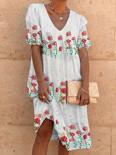 Vestido Casual Jessica con Elegante Cuello en V y Encantador Estampado Floral para Mujer