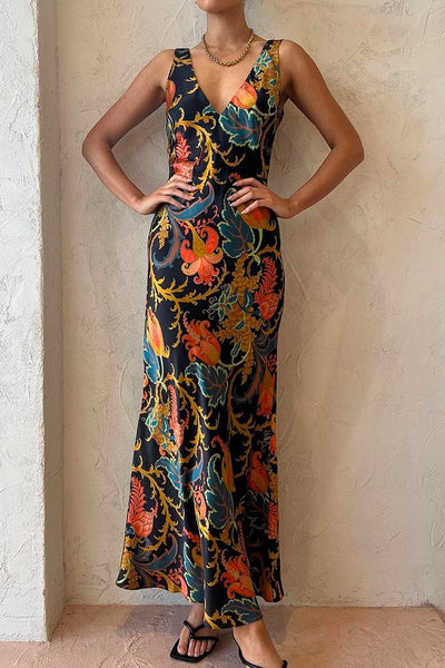 Deslumbrante maxi vestido de cami con escote en V y encantador estampado Deschamps
