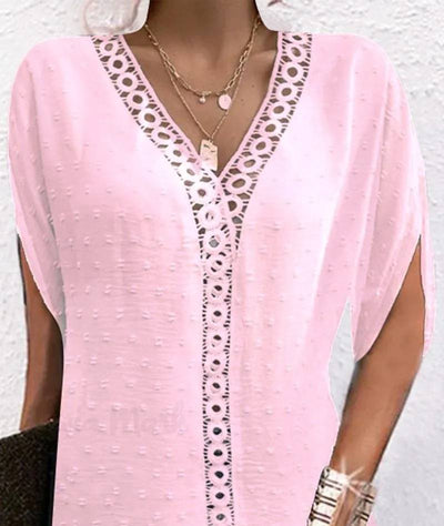 Camila - Elegante vestido de media manga con cuello en V y delicados parches de encaje para mujer – Perfecto para un look casual