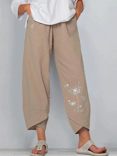 Esmeralda - Elegantes pantalones holgados de lino y algodón con encantador estampado de diente de león para mujer