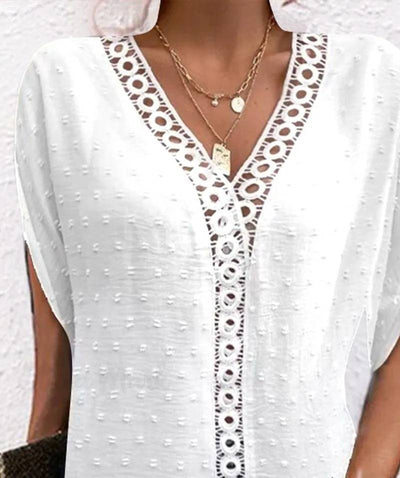 Camila - Elegante vestido de media manga con cuello en V y delicados parches de encaje para mujer – Perfecto para un look casual