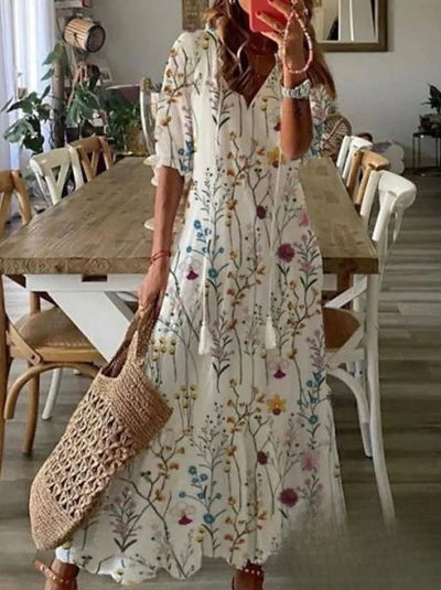 Delia - Elegante vestido largo de mujer con cuello en V y mangas 3/4, adornado con un encantador estampado de barba