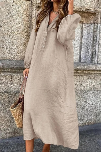 Laura - Elegante vestido de algodón y lino con moderno cuello en V y delicada botonadura