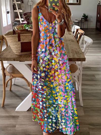 Elegante Vestido Sin Mangas con Escote en V y Estampado de Cuadro Óleo