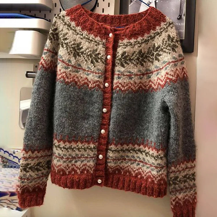 Abigail - Suéter Cómodo Abotonado Jacquard Vintage Isla Fel