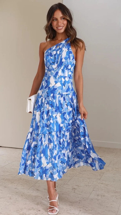 Deslumbrante Vestido Midi Floral Azul de Un Hombro para Lucir Espectacular