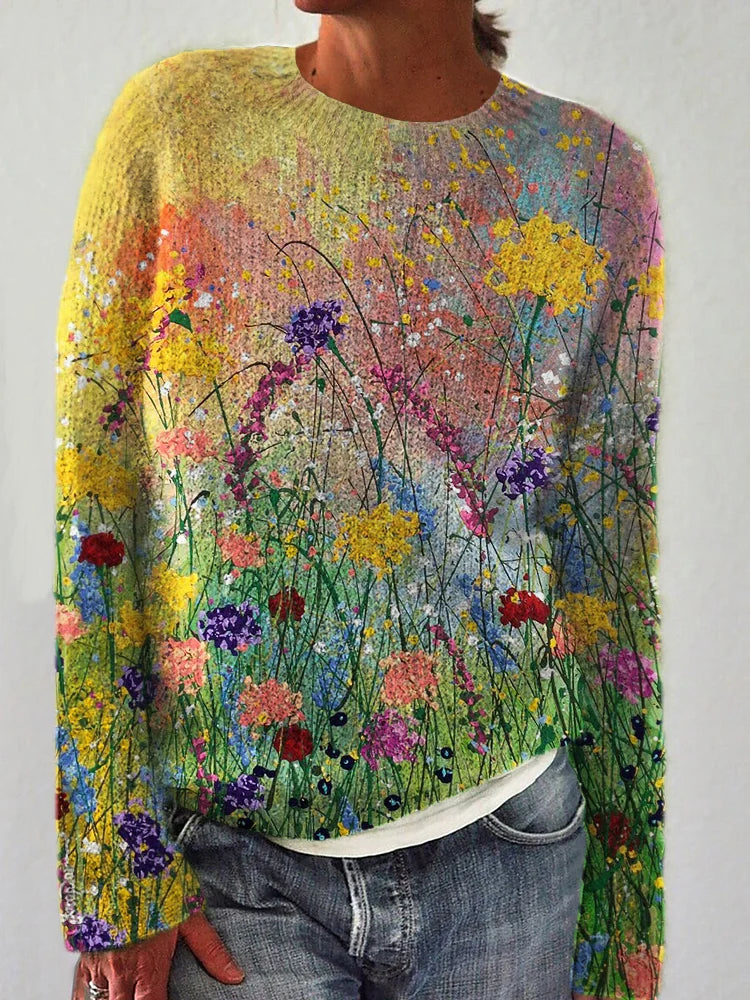Suéter cómodo con arte de pintura al óleo de flores