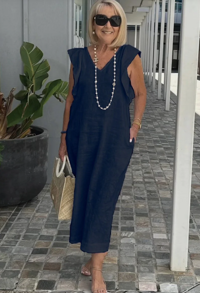 Karen - Elegante vestido de algodón y lino para un look casual chic