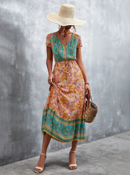 Vestido Bohemio Carolina con Elegante Cuello en V