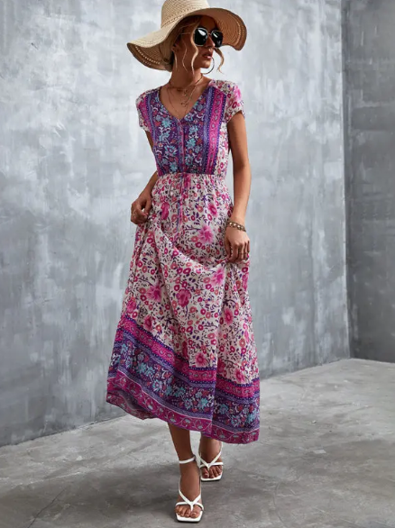 Vestido Bohemio Carolina con Elegante Cuello en V