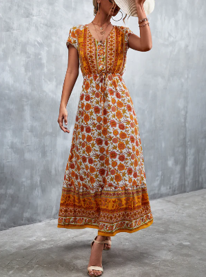 Vestido Bohemio Carolina con Elegante Cuello en V