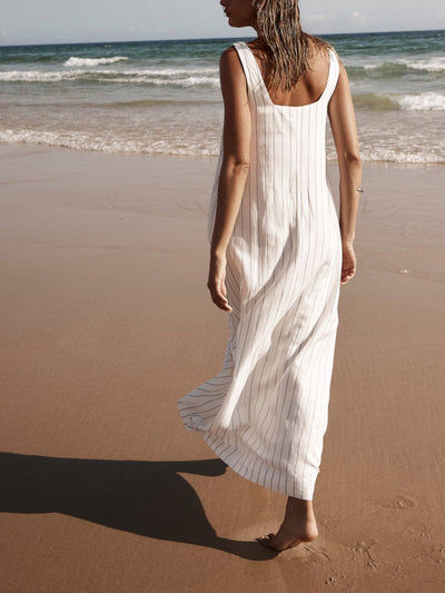Elena - Vestido elegante de rayas con escote cuadrado chic