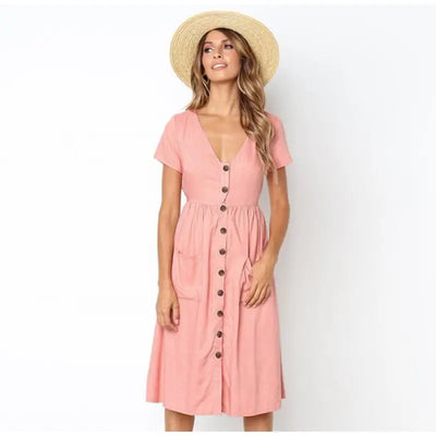 Jessica - Elegante vestido recto con cuello doblado y exclusiva botonadura