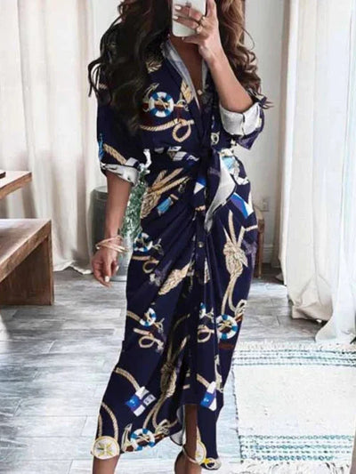Valentina - Sofisticado Vestido Casual con Cuello en V y Cinturón que Define la Cintura