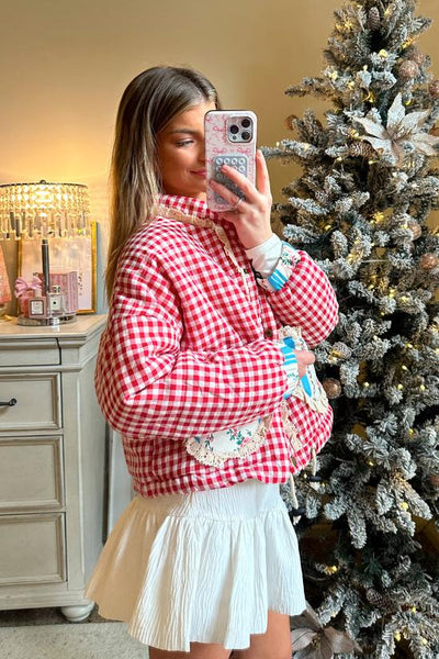 Chaqueta con bolsillo de corazón rosa con cuadros
