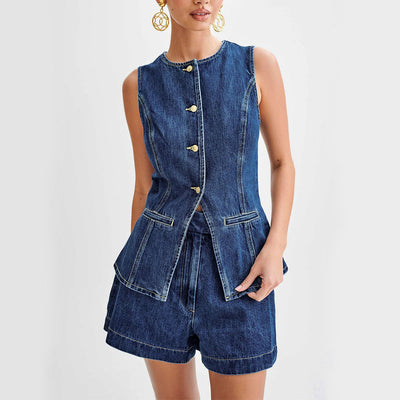 Valentina | Moderno Conjunto Casual de Jeans: Chaleco Sin Mangas y Pantalones Cortos Con Estilo