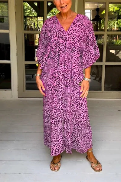 Vestido casual con atractivo cuello en V y encantador estampado vintage de leopardo