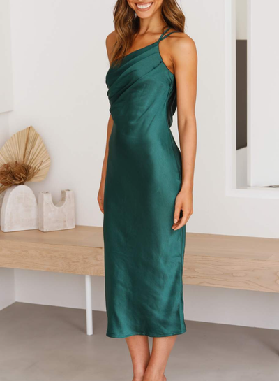Vestido Midi de Raso para Mujer con Espalda Descubierta y Elegante Un Hombro