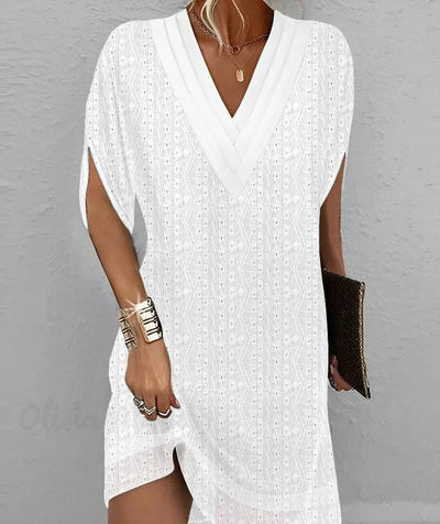 Berta - Elegante vestido casual de manga media con bello cuello en V y delicados bordados para mujer