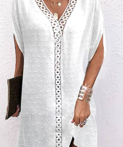 Camila - Elegante vestido de media manga con cuello en V y delicados parches de encaje para mujer – Perfecto para un look casual