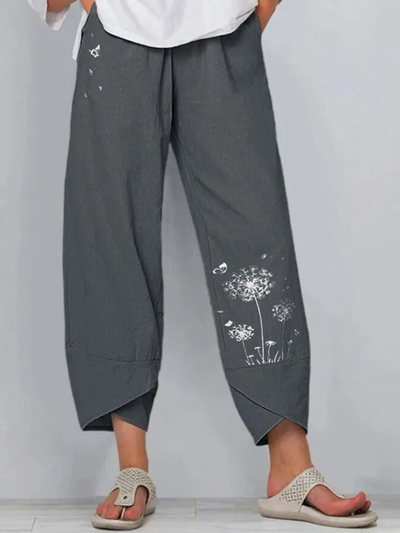 Esmeralda - Elegantes pantalones holgados de lino y algodón con encantador estampado de diente de león para mujer