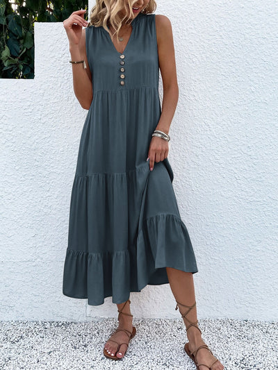 Vestido Elegante con Fruncidos, Botones Chic y Diseño de Bajo a Capas