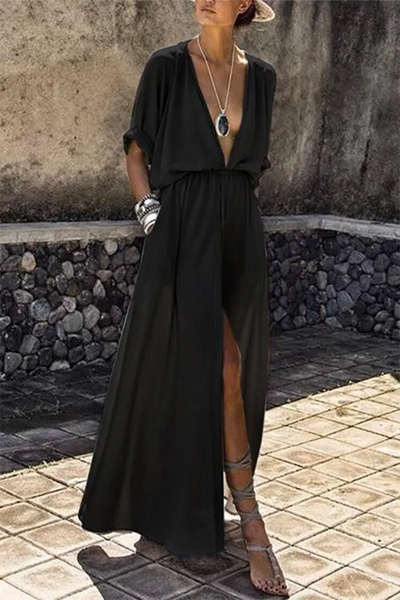 Nicole - Elegante vestido largo con profundo escote en V, en un color sólido, con mangas cortas y una impresionante abertura.