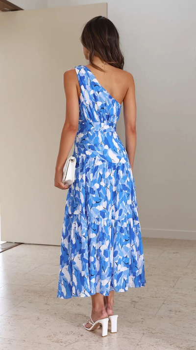 Deslumbrante Vestido Midi Floral Azul de Un Hombro para Lucir Espectacular