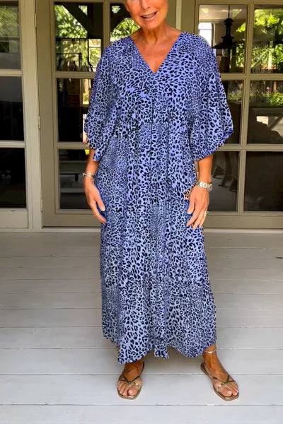 Vestido casual con atractivo cuello en V y encantador estampado vintage de leopardo