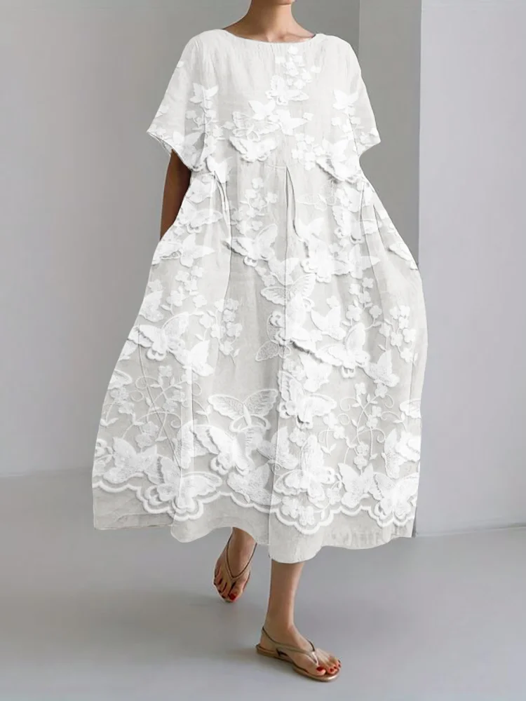 Selena - Elegante Vestido Largo de Lino con Detalles de Encaje Bordado en 3D y Encantadoras Flores de Mariposas