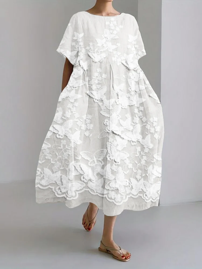Selena - Elegante Vestido Largo de Lino con Detalles de Encaje Bordado en 3D y Encantadoras Flores de Mariposas