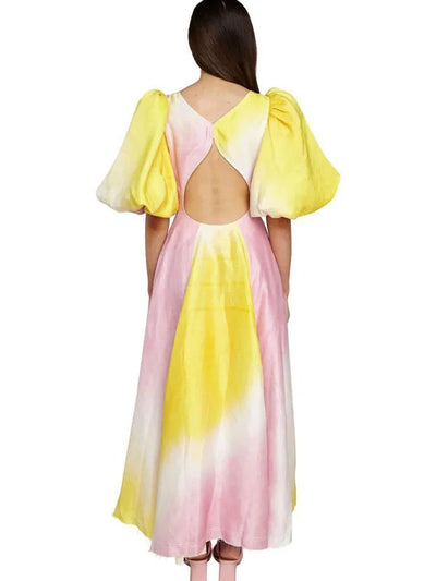 Delia - Elegante vestido con mangas voluminosas y sofisticado cuello en V