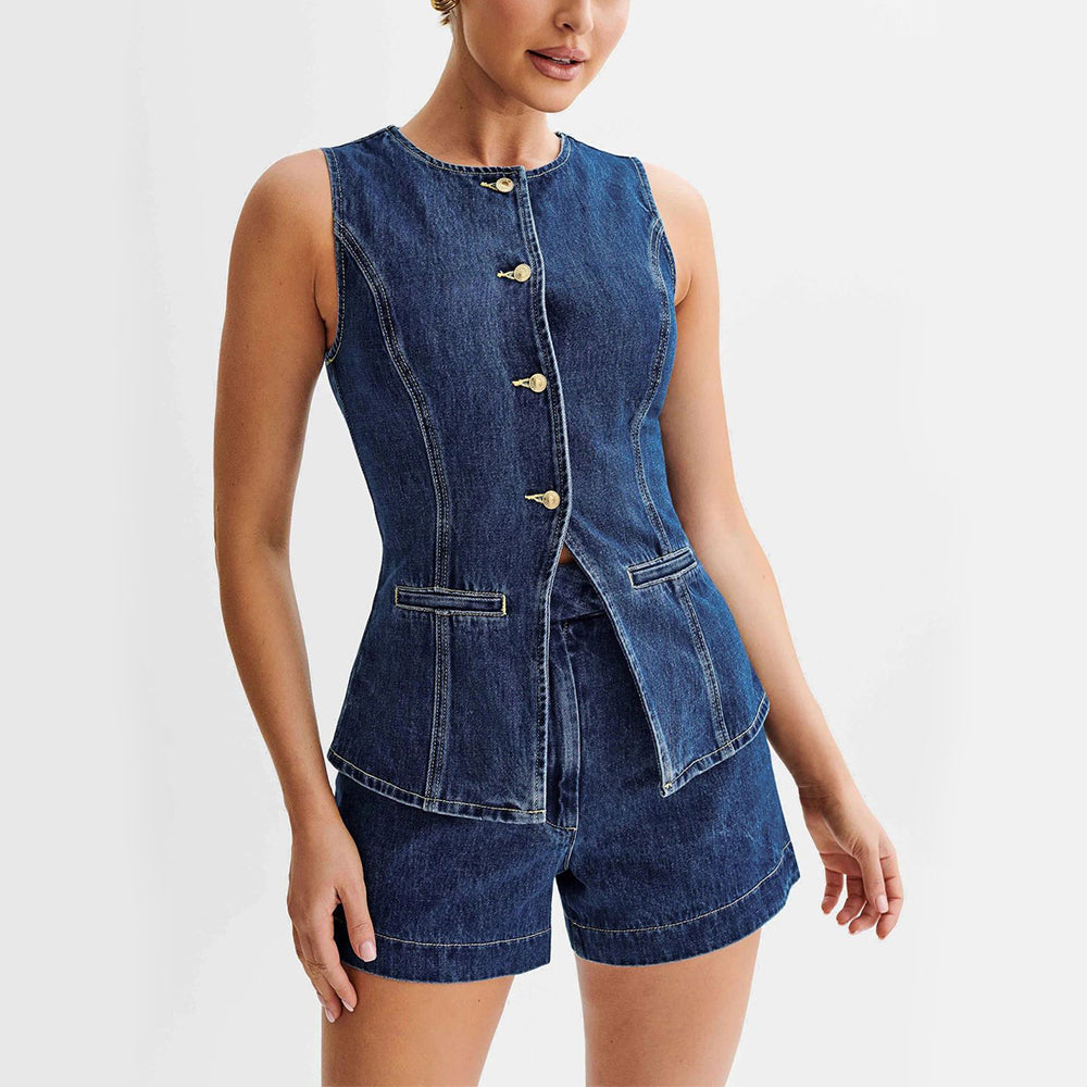 Valentina | Moderno Conjunto Casual de Jeans: Chaleco Sin Mangas y Pantalones Cortos Con Estilo