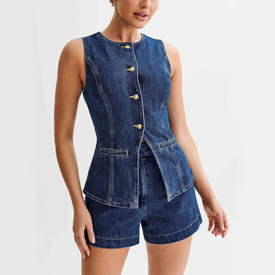 Valentina | Moderno Conjunto Casual de Jeans: Chaleco Sin Mangas y Pantalones Cortos Con Estilo