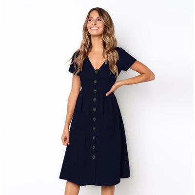 Jessica - Elegante vestido recto con cuello doblado y exclusiva botonadura