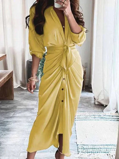 Valentina - Sofisticado Vestido Casual con Cuello en V y Cinturón que Define la Cintura