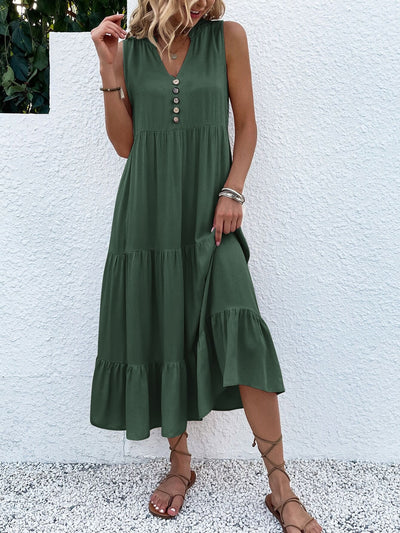 Vestido Elegante con Fruncidos, Botones Chic y Diseño de Bajo a Capas